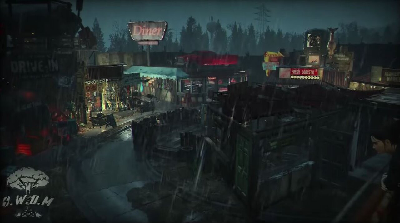 Rooftop Rainfall: 10-Hour Fallout 4 Ambience with Coffee, Diner, Market, and Lobster Eatery Views