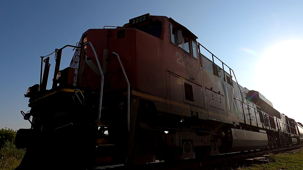 CN 2222 & CN 5723 Engines Manifest Train East Through Ontario TRACK SIDE