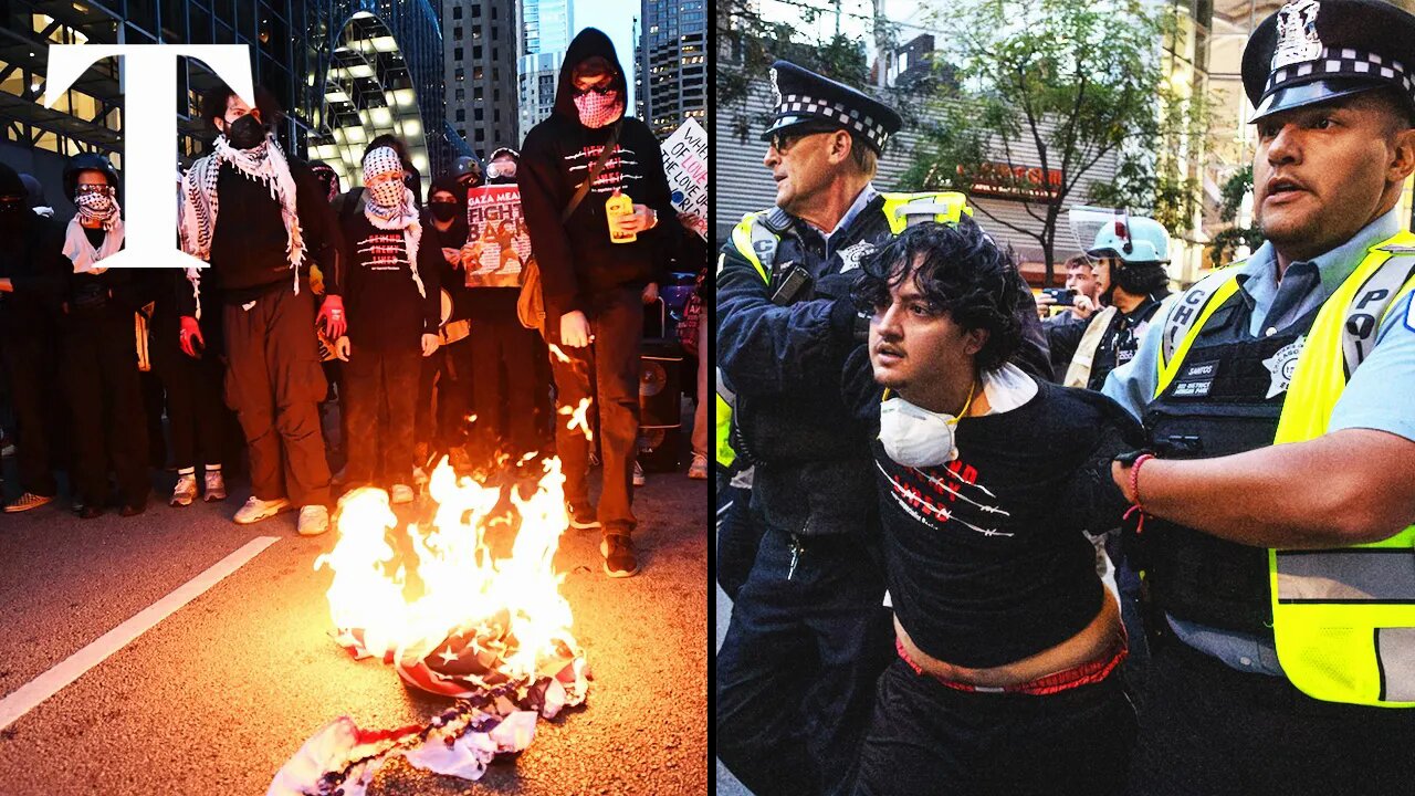 Protesters clash with police in Chicago after flag burning