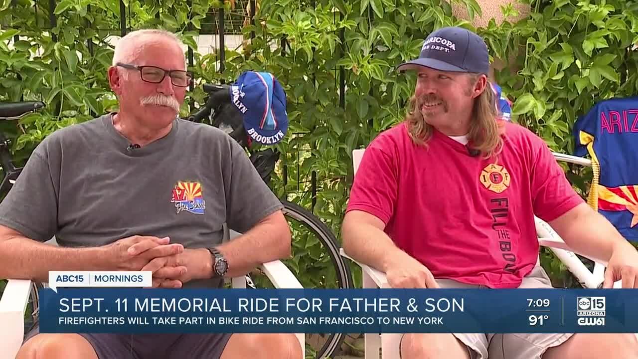 Father and son prepare for bike ride to honor 9-11 first responders