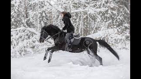 wow Woman on a horse galloping through a snowy forest