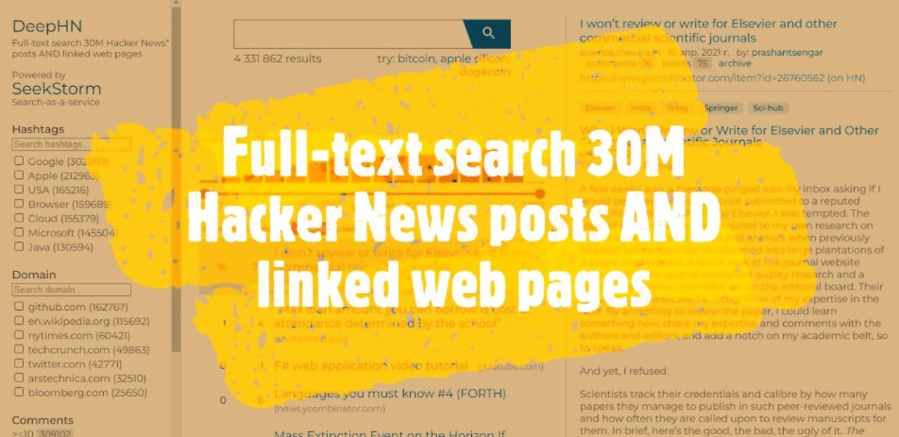 Full-text search 30M Hacker News posts AND linked web pages