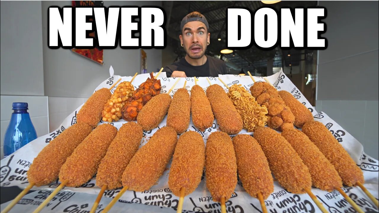 "BET YOU CAN'T EAT HALF" MASSIVE 10LB CORN DOG EATING CHALLENGE (Korean Rice Dogs)