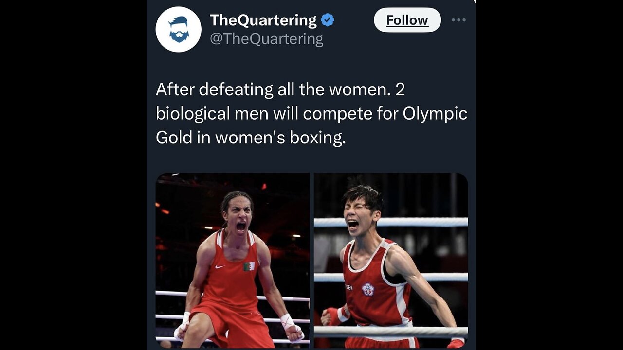 Welcome to Clown World, folks. Can you believe this? Two biological men have beaten every single woman in the competition and now we're set for an all-male final... in the women's Olympic event.