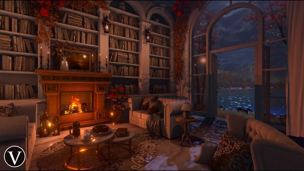 Autumn Library | Night Ambience | Fireplace, Lake, Forest Nature, Rain & Thunderstorm Sounds