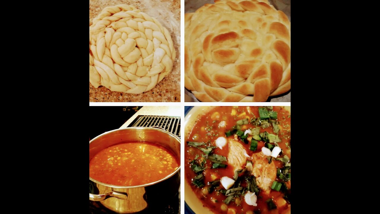 French knotted bread w/green onion & chicken stoup