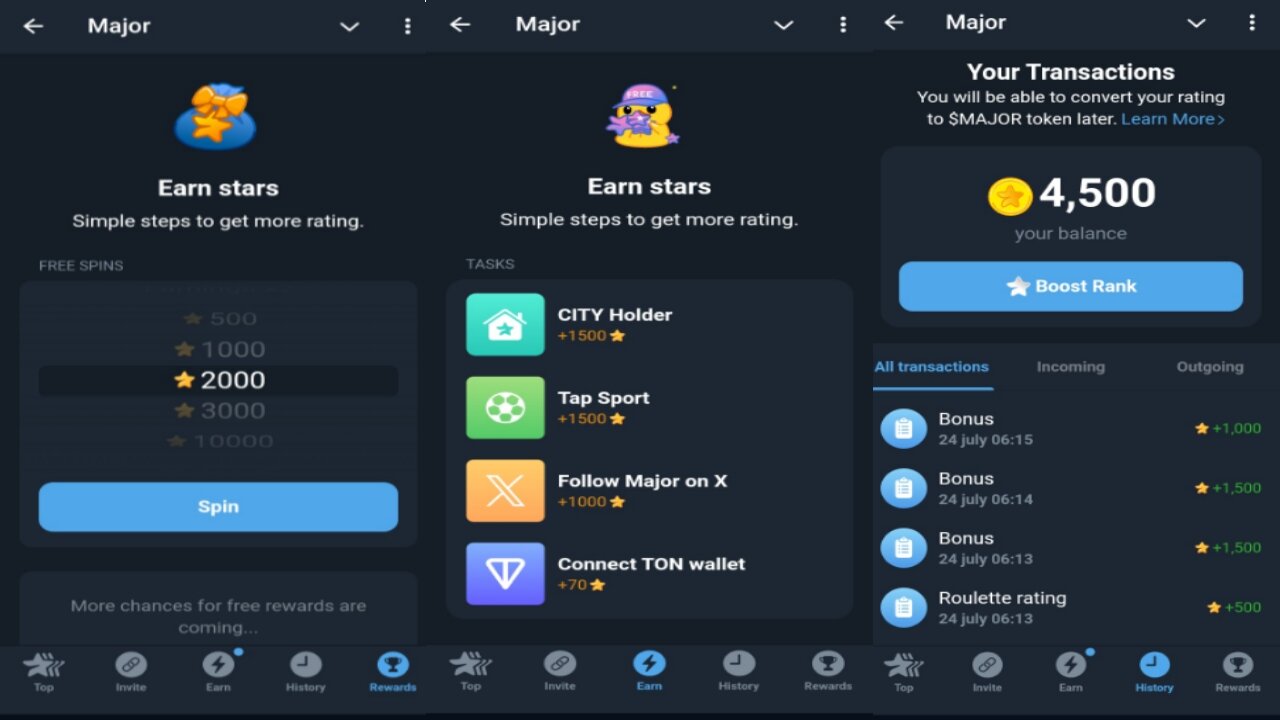 Major | Upgrade Your Rank To Earn Free STARTS And TON | New Telegram Crypto Mining Bot