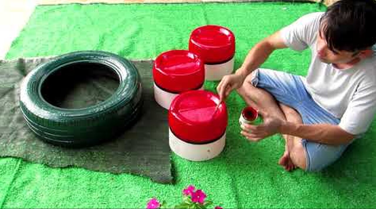 Unique ideas, Making Flower Pot Tower from Plastic Barrel and Tire