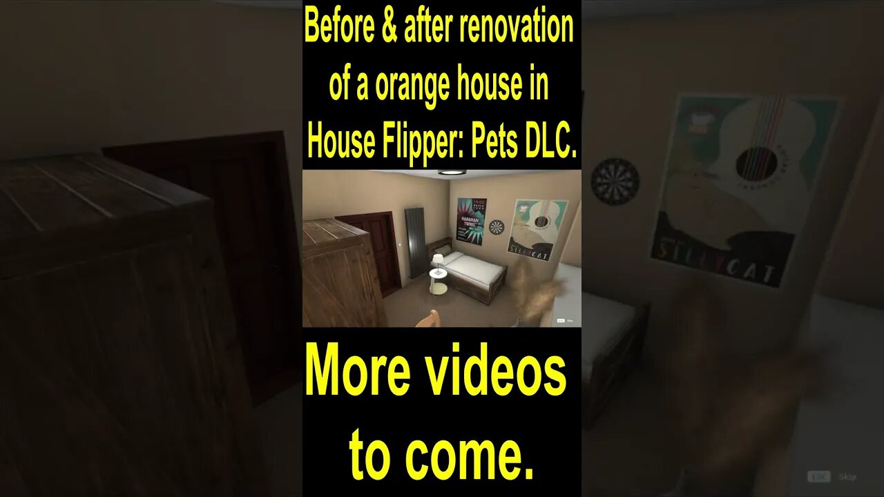 Before & after renovation of a orange house in House Flipper Pets DLC