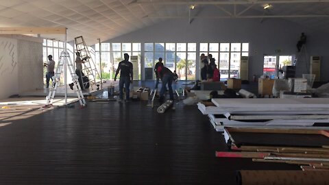 CAPE TOWN. SA Menswear Week Fashion Show 6-7th July setting up stage and lights. (bHw)