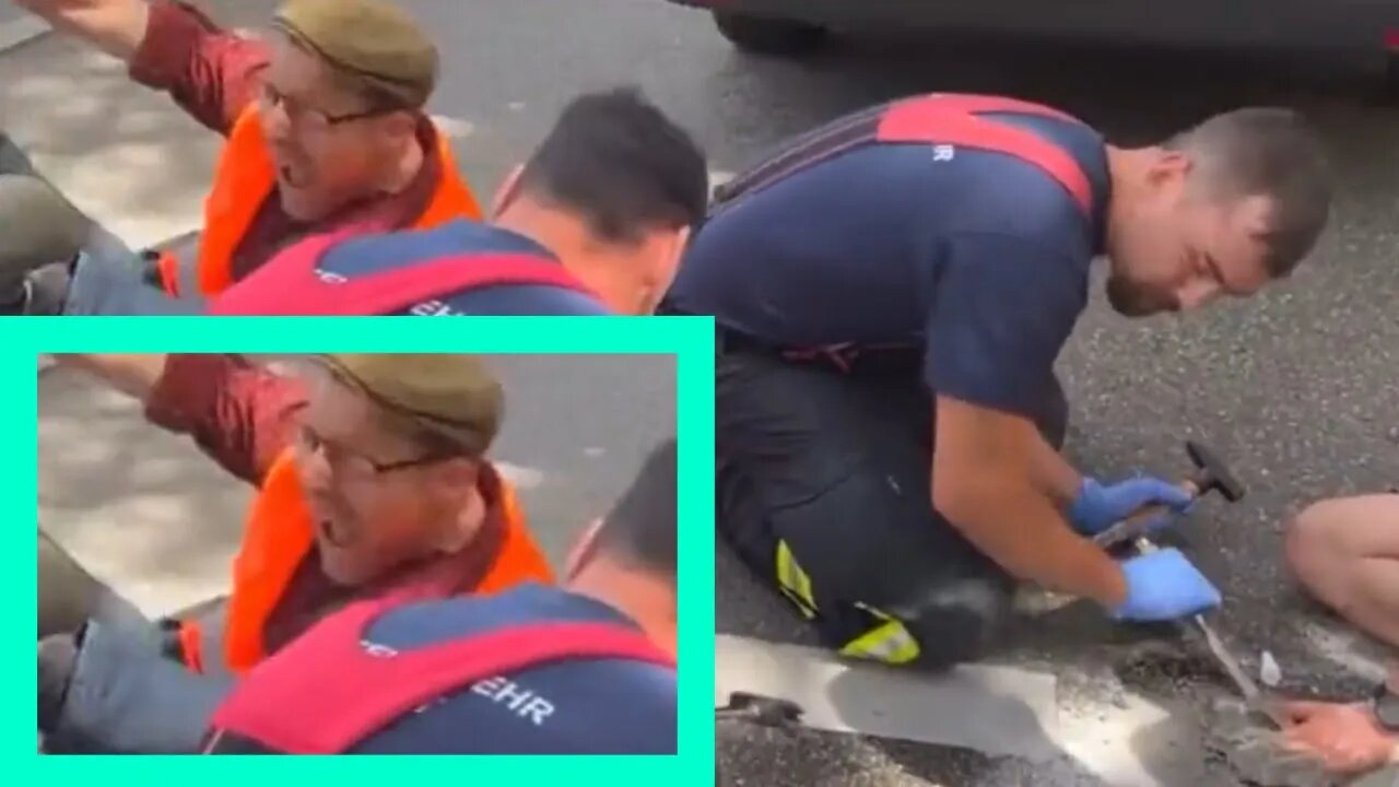 German Climate Activist Crying While Removing Glued Hand from Ground