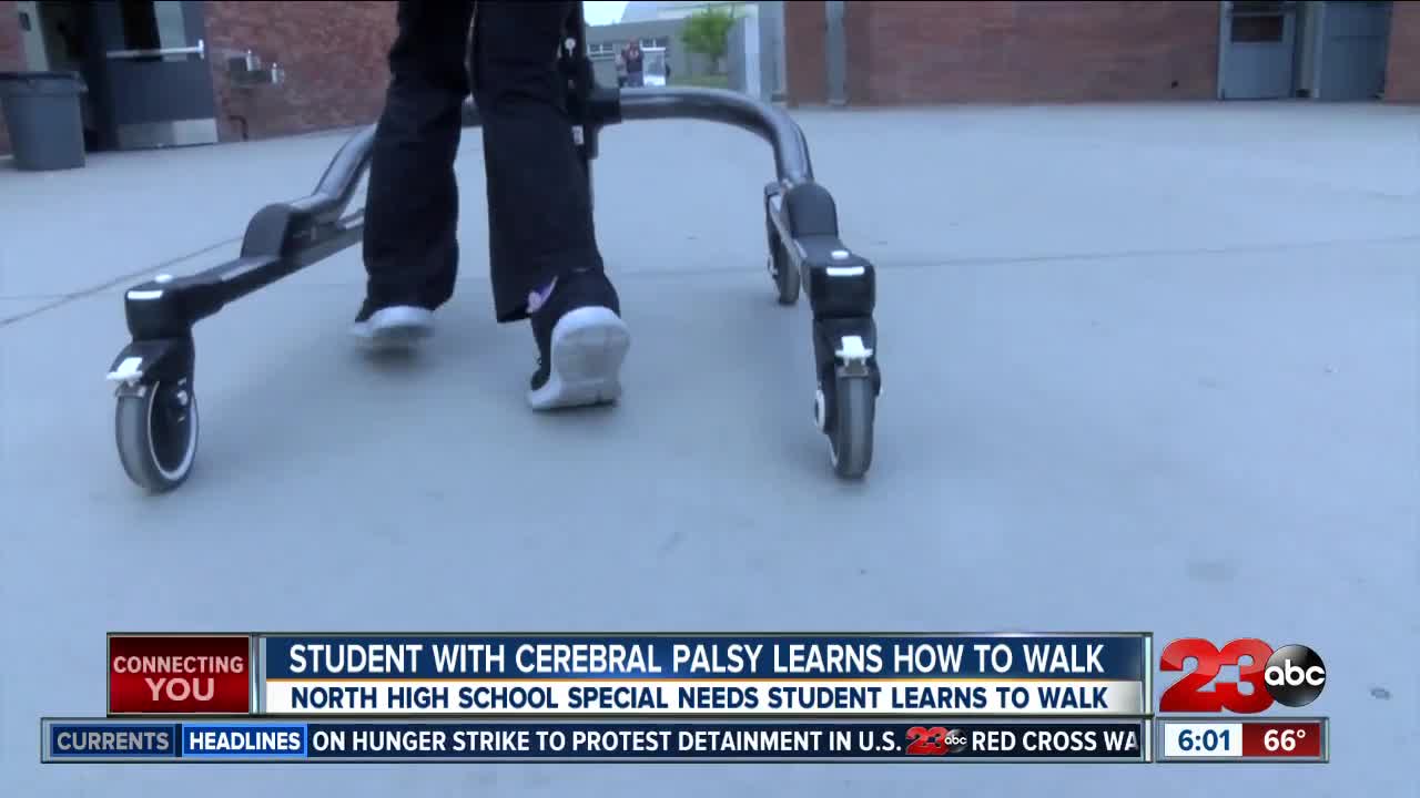 Student with cerebral palsy learns how to walk