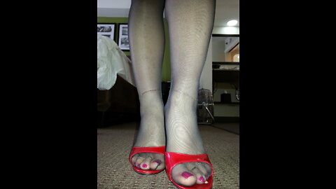 pantyhose toes and soles tease with red high heel mules
