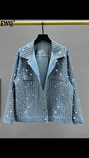 Streetwear Patchwork Rivet Denim Jacket Women Fashion Lapel Long Sleeve Loose Coats