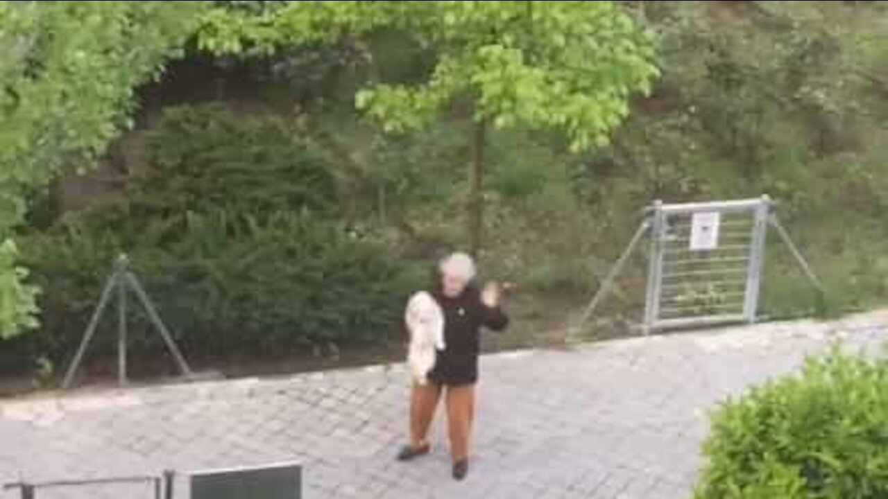 Senhora dança enquanto passeia com o seu cão
