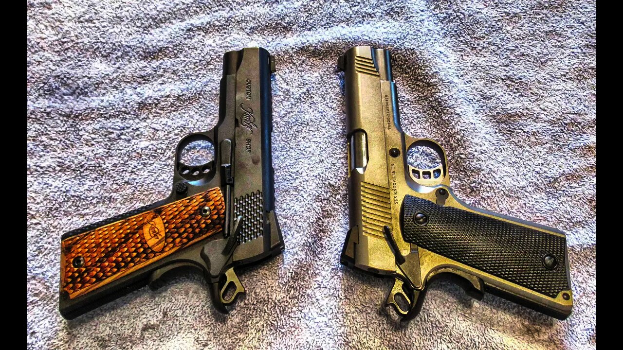 Standard 1911 Pistol with barrel bushing compared to bushingless 1911 with bull barrel