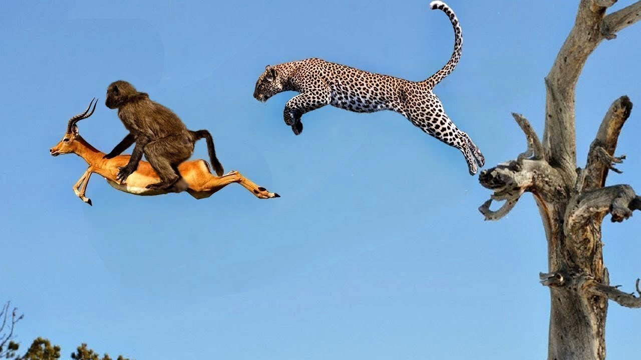 Leopard chasing down a monkey family in a tree, big battle King Lion vs giraffe