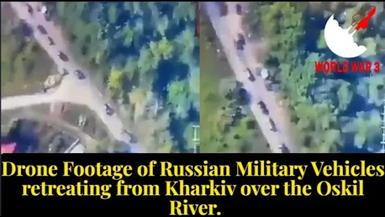 Drone footage of Russian military vehicles retreating from Kharkiv over the Oskil River. Ukraine war