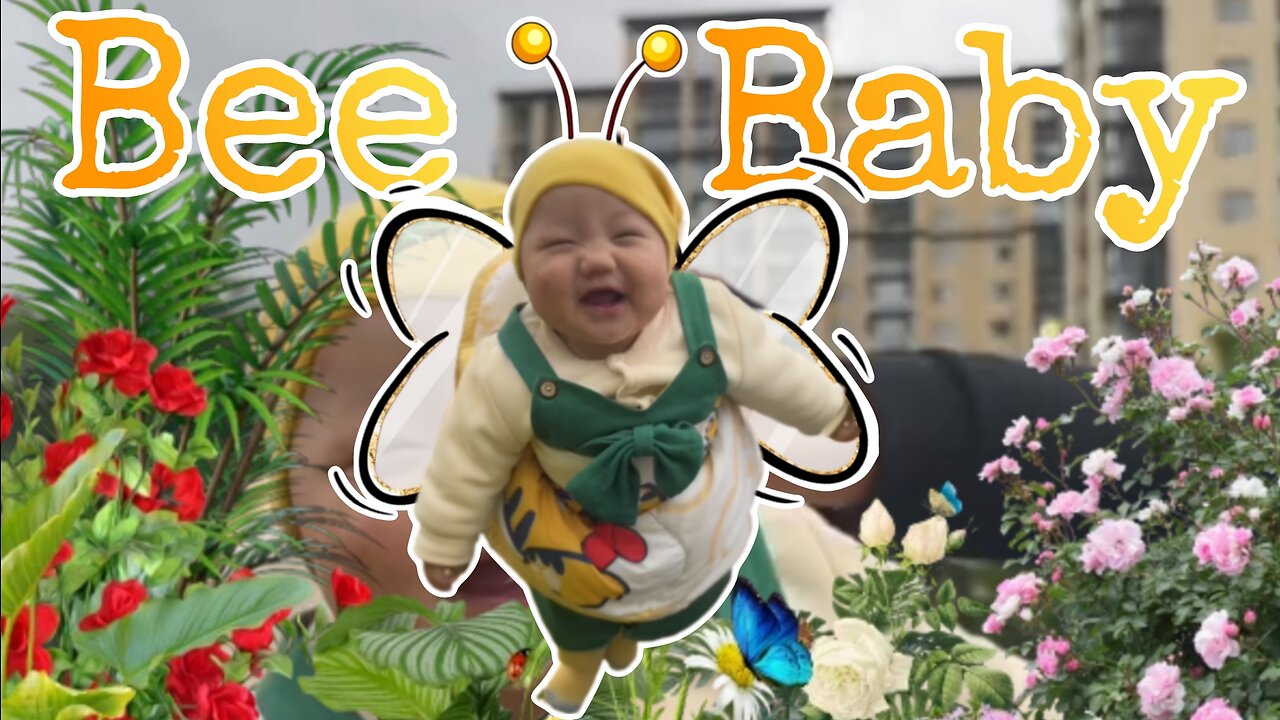 cute baby flying in the garden like a bee