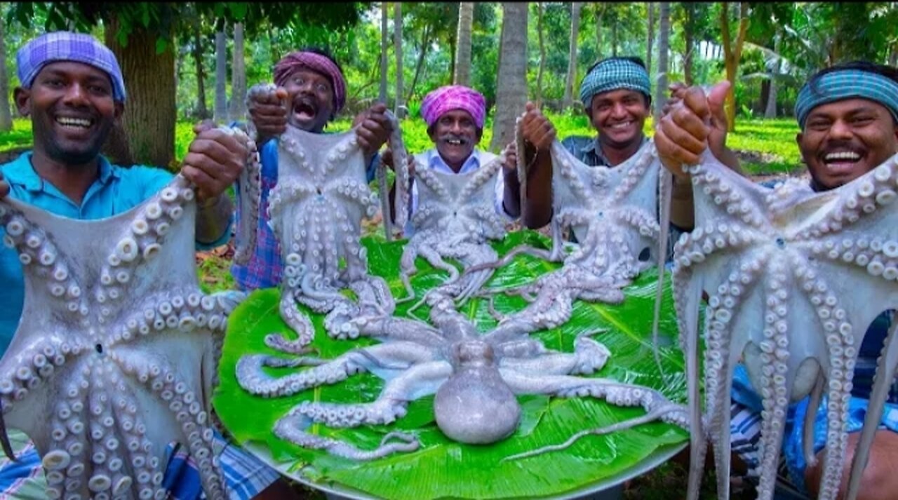 Octopus cooking and eating. Big size octopus fry with us .