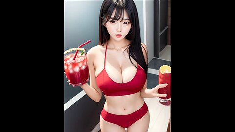 AI ART BEAUTY Asian Girl w/ Red Suit & Strawberry Coffee Lookbook