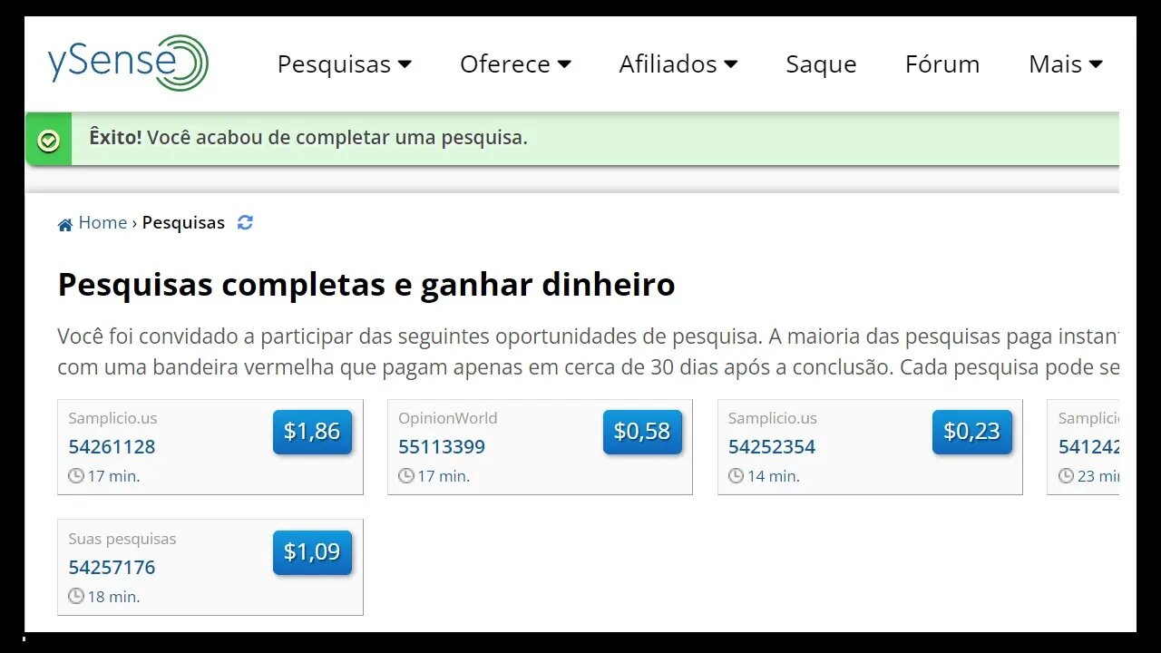 Ysense Preenchendo pesquisas, ganhei R$ 4 reais desta vez