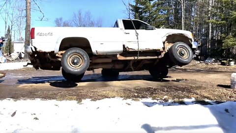 NO LIFT, NO PROBLEM! Using a truck as a lift to work under my 1995 Chevy truck while scrapping it.