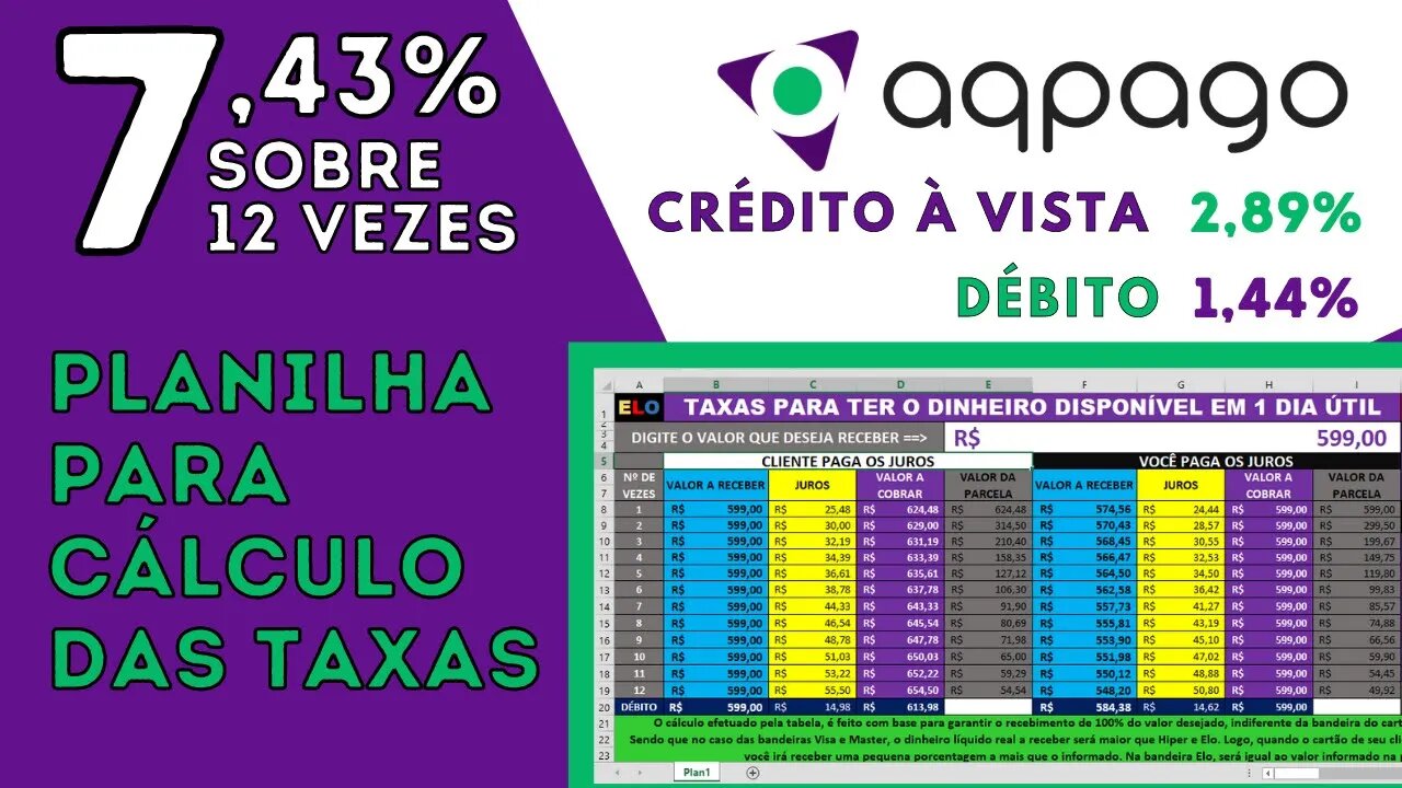 PLANILHA PARA A AQPAGO 7,43% SOBRE 12 VEZES PARA VOCÊ CALCULAR AS TAXAS!