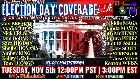 Election Day LIVE w JAY BEFAUNT, MANILA CHAN, NICK CRUSE, DON DeBAR, SARA HIGDON, SHELBY HOSANA, AMBER KING, KELLEY LANE, TOM LUONGO, MIDDLE MAGA, CHANDA MASTA, KEITH McHENRY, MONICA PEREZ, CLINT RUSSELL, JAY SCOTT, ALEX STRENGER, JOSE VEGA, KEATON WEISS