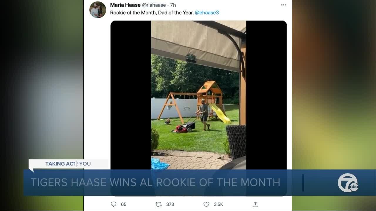 Eric Haase of Tigers celebrates Rookie of the Month honors... by cutting his grass