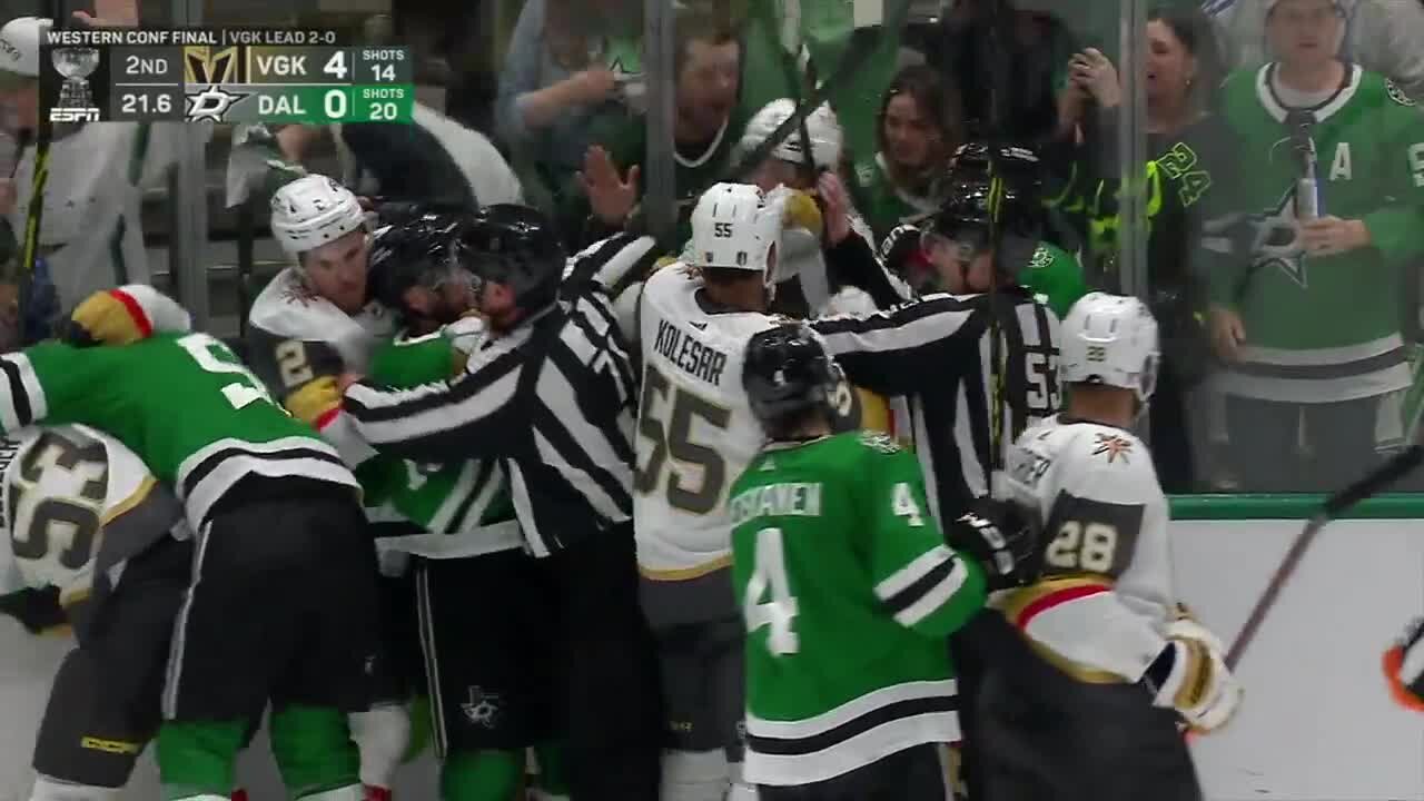 Dallas Stars center Max Domi throws punches at VGK's Nicolas Hague