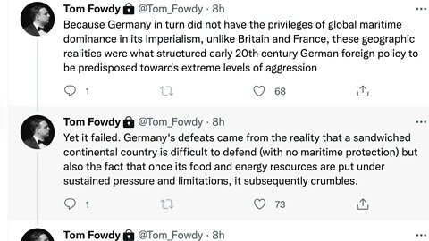 第一次世界大戰和第二次世界大戰德國的失敗是因為他的地理戰略弱勢，食物和能源依靠輸入。今日的情況也沒有改變。