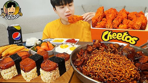 ASMR MUKBANG | CHEETOS Fried Chicken, cheese stick, black bean noodles, Korean Food recipe ! eating
