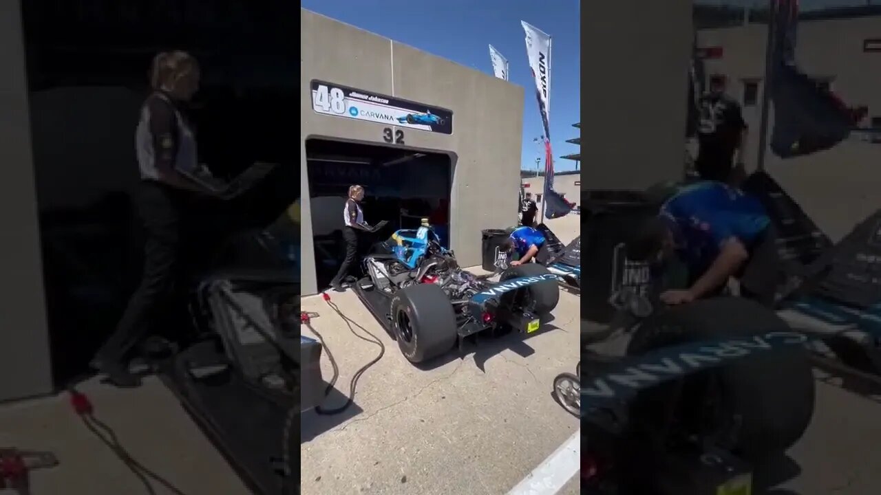 Jimmie Johnson’s ride for the Indy 500 warming up in the garage area before afternoon practice.