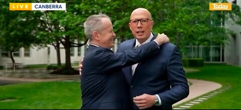 📍 Meanwhile in Canberra Dutton & Shorten hug it out 🤡 #StepBrothers