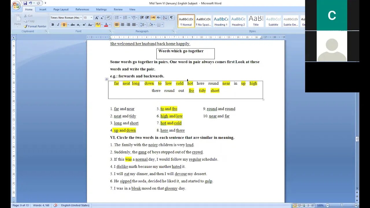 English B Class IV 5 1 2021