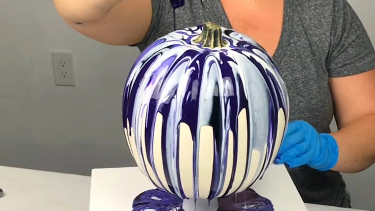 Purple Acrylic Pour on a Pumpkin