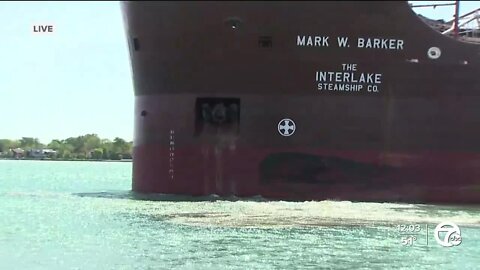 Freighter runs aground in Detroit River near Belle Isle this morning