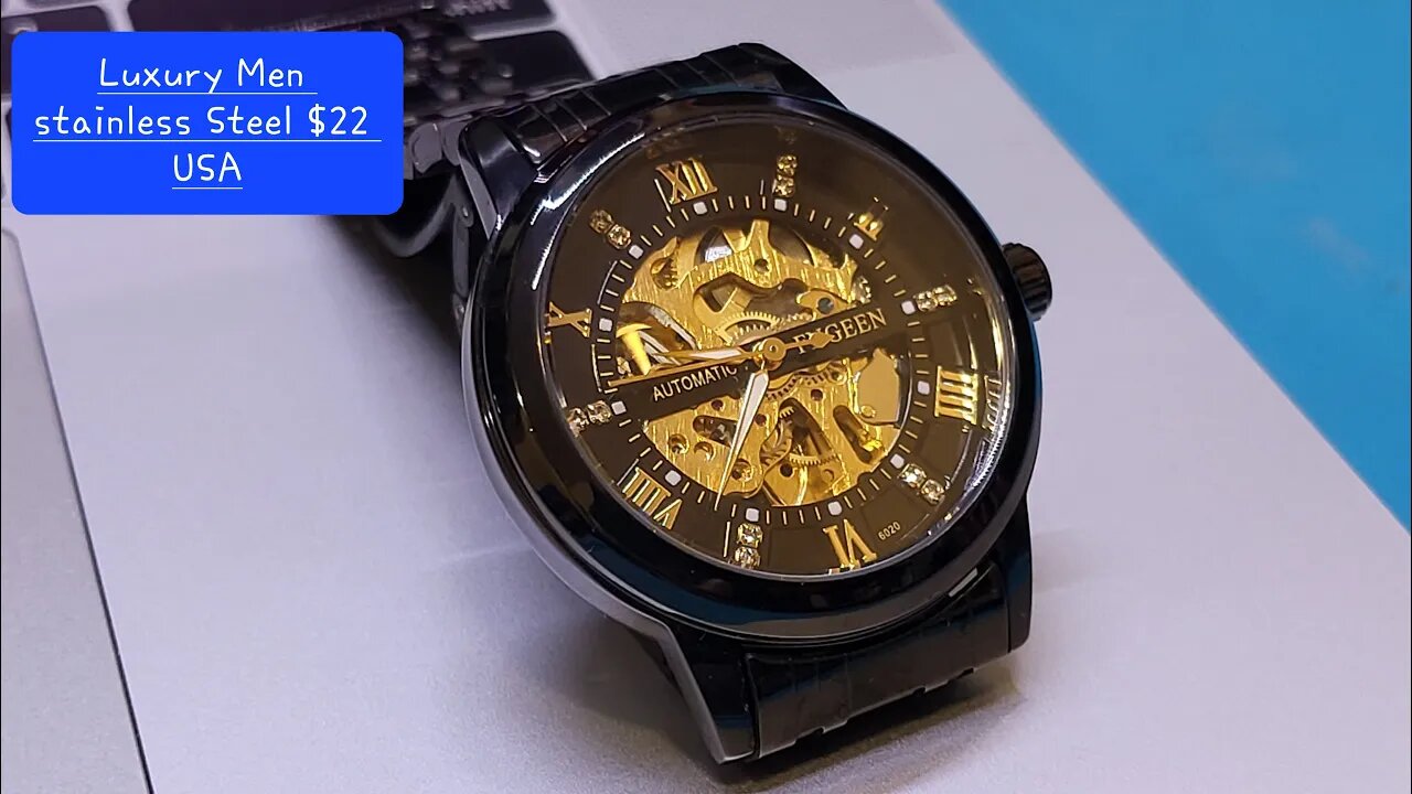 $22 USA Luxury Men's Stainless Steel Gold Tone Skeleton Automatic Mechanical Wrist Watch