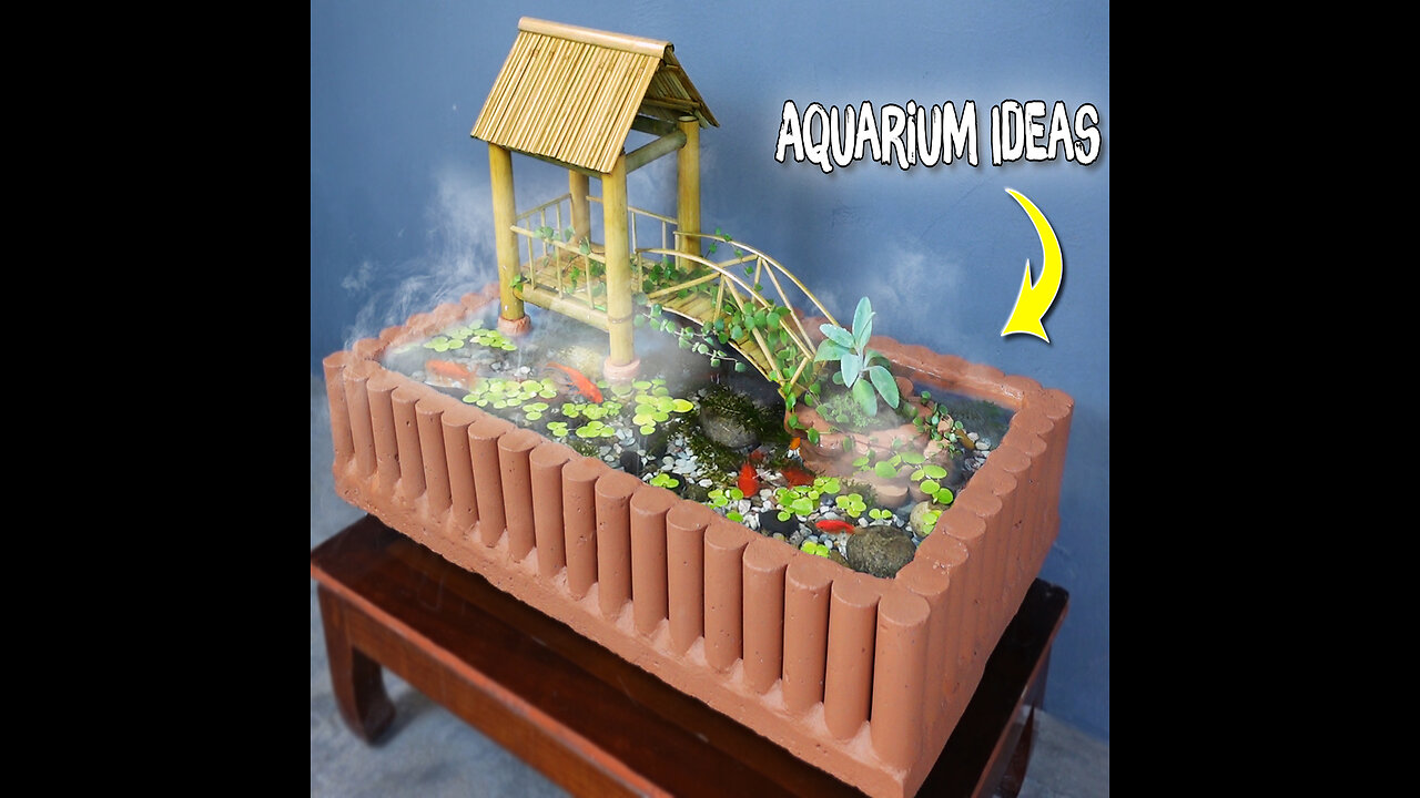 Build bamboo floating house on indoor aquarium - Amazing aquarium decoration ideas