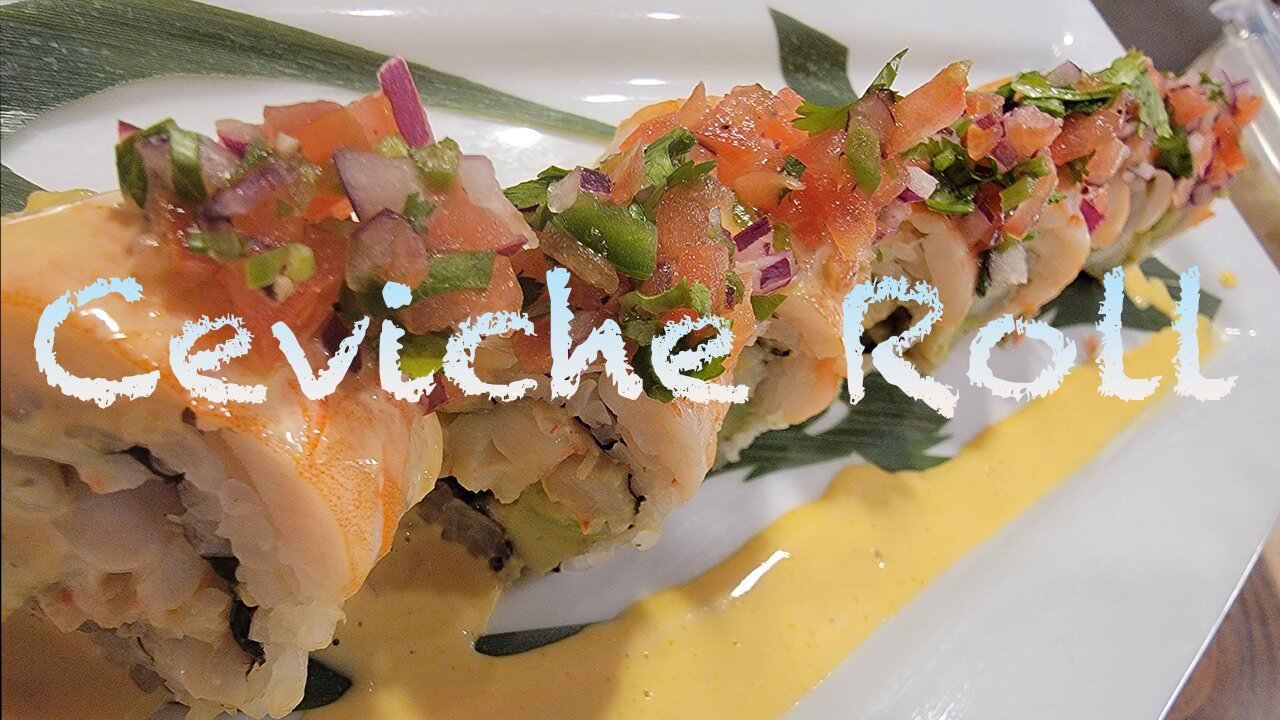 New Style Sushi SHRIMP CEVICHE ROLL with Aji Amarillo sauce