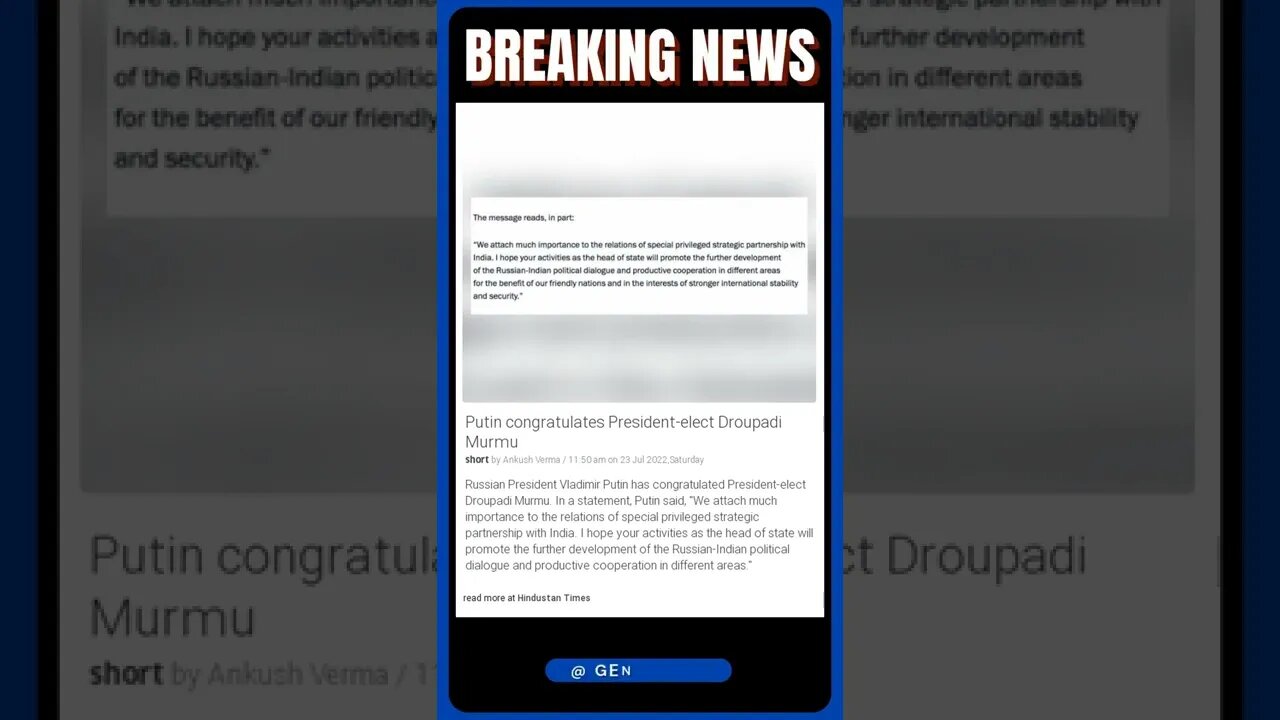 Breaking News: Putin congratulates President-elect Droupadi Murmu #shorts #news