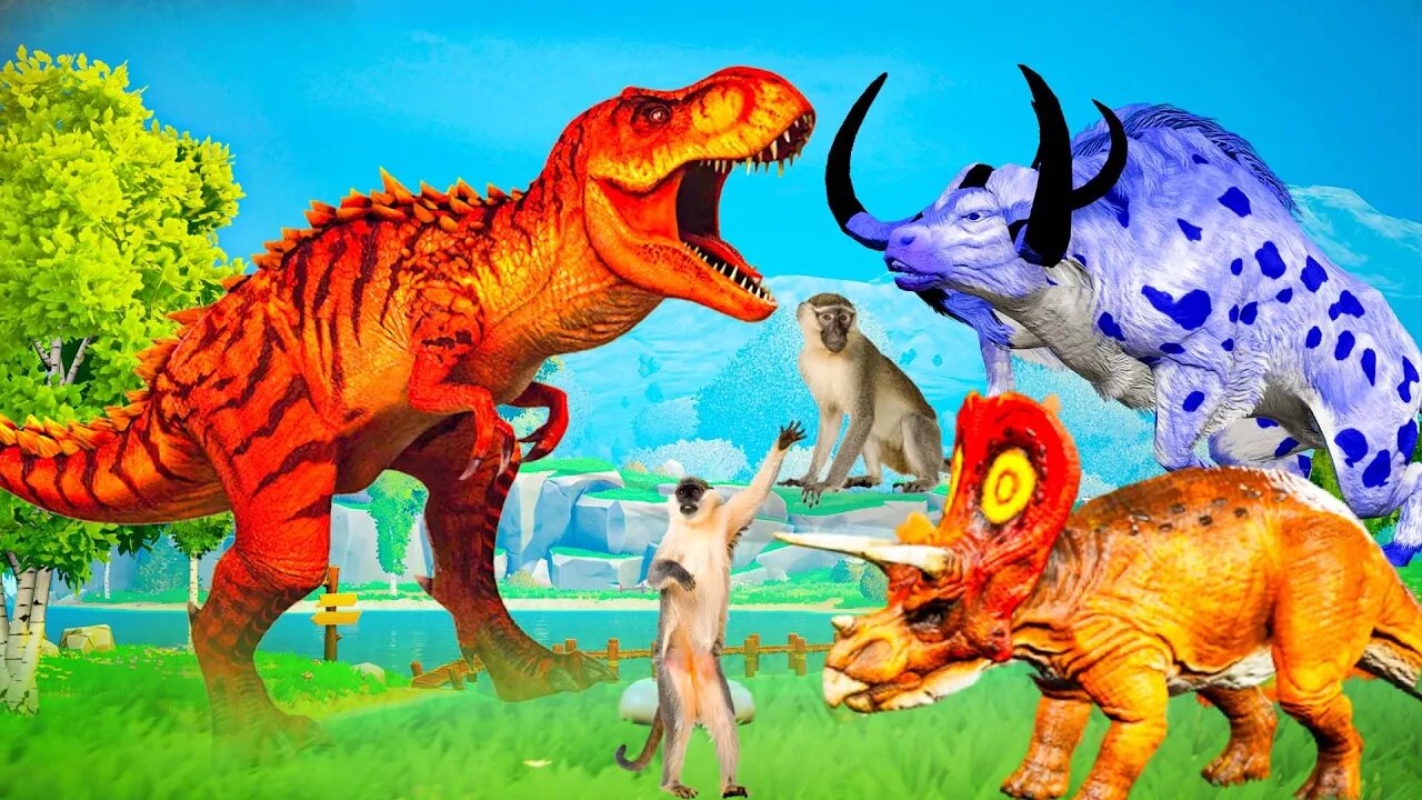 Dinosaur Tiger Vs Zombie Buffalo Attack Monkeys Rescue Giant Bull T rex Animal Fight Epic Battle