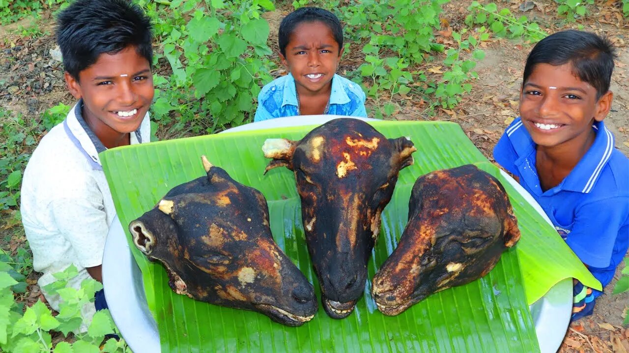 GOAT HEADS CURRY | Goat Heads Recipe Cooking and Eating in Village | Village Fun Cooking