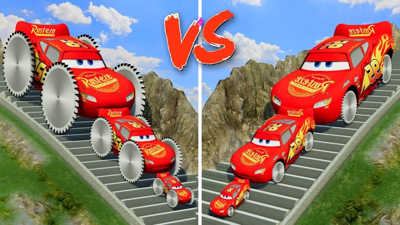 Big & Small Mcqueen with Saw wheels vs Big & Small Mcqueen with Monster Saw Beam