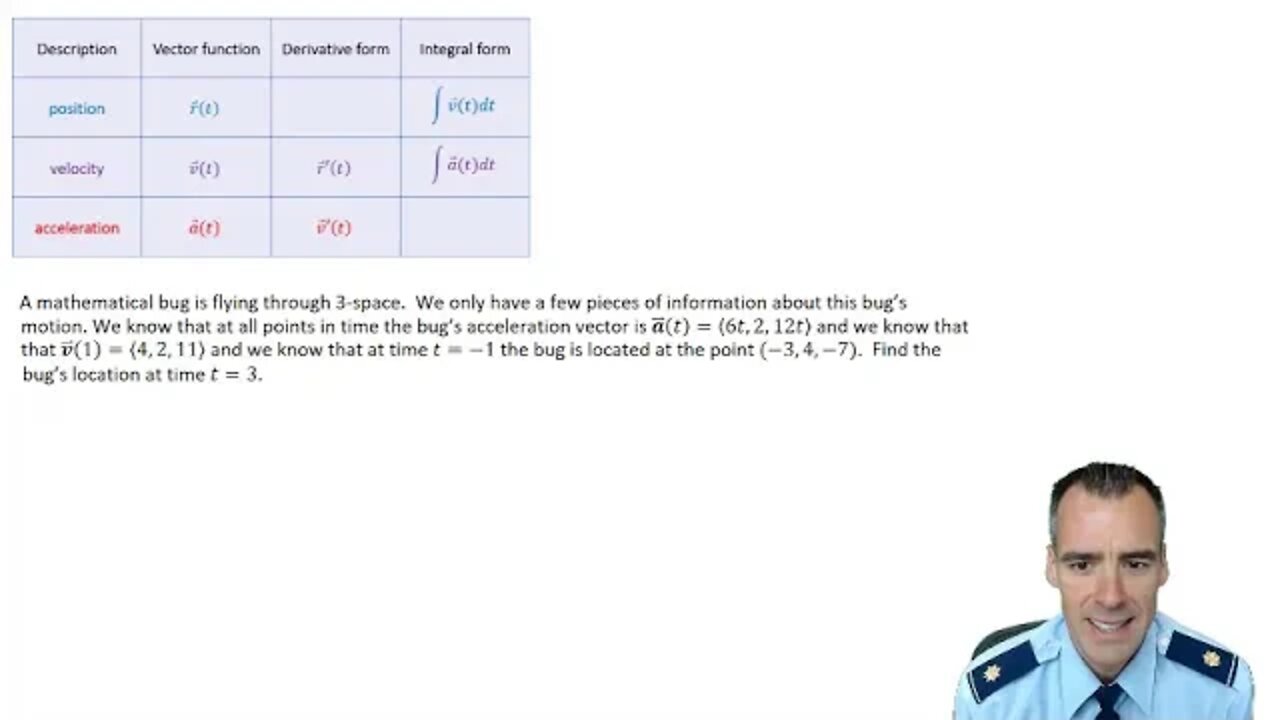 How to find 3D position function given acceleration (worked example)