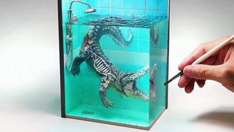 How To Make a Zombie Crocodile In a Shower Stall Diorama / Polymer Clay / Epoxy resin #curiousyes