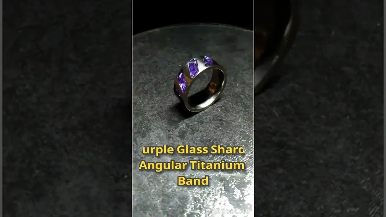 Ring Promo - Purple Glass Shards Inlaid On Angular Titanium Band - www.TwinFlameRings.com