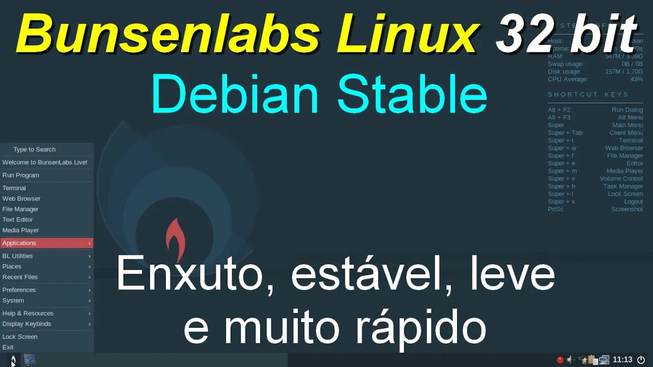 BunsenLabs 32 bit Linux baseado no Debian. Desktop Openbox enxuto, estável, leve e muito rápido.