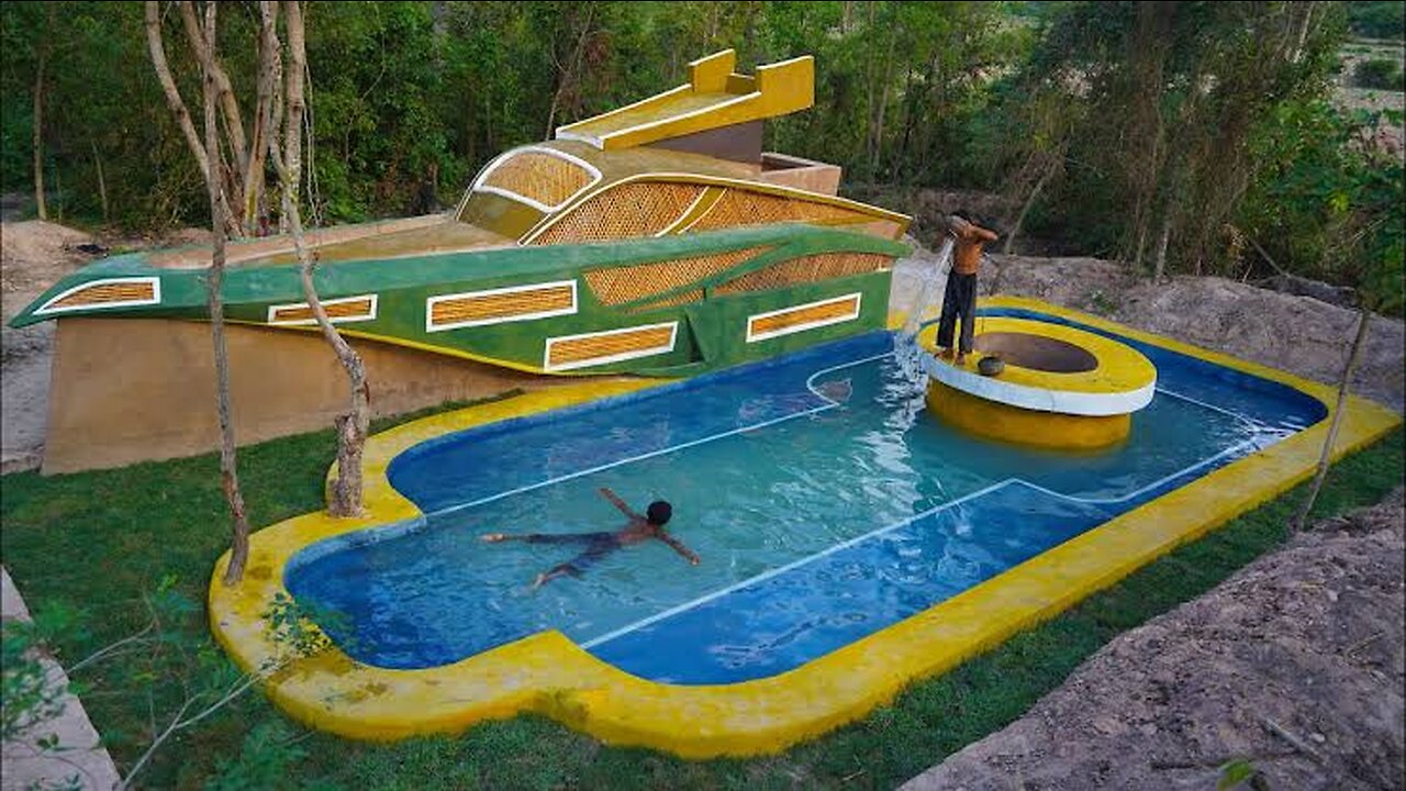 How to Building The Most Creatively Mud Boat House With Beautiful Swimming Pool Lives In Forest